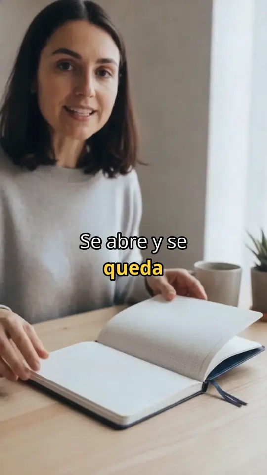 Fotograma de un anuncio generado con el motor: una mujer abre un cuaderno de tapa dura sobre una mesa, con el subtítulo «Se abre y se queda»